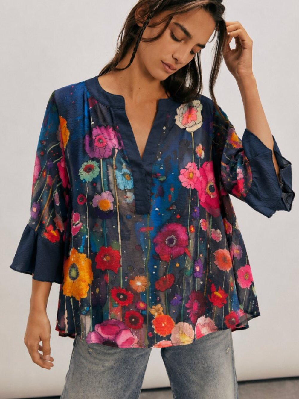BOUTIQUE HIPPEE HARVEST FLORAL BELL SLEEVE BLOUSE